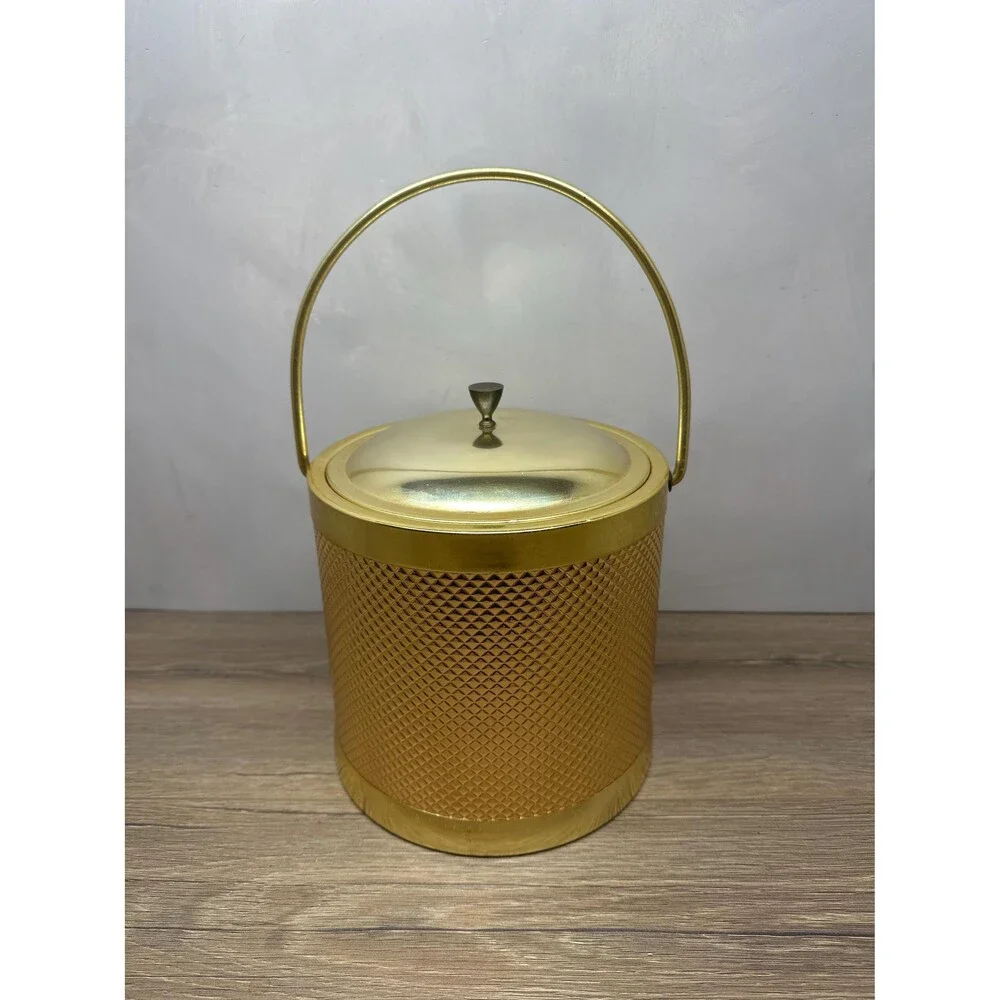 Vintage 1960s MCM Italian Gold Diamond Weave Metal Ice Bucket 8 Inch